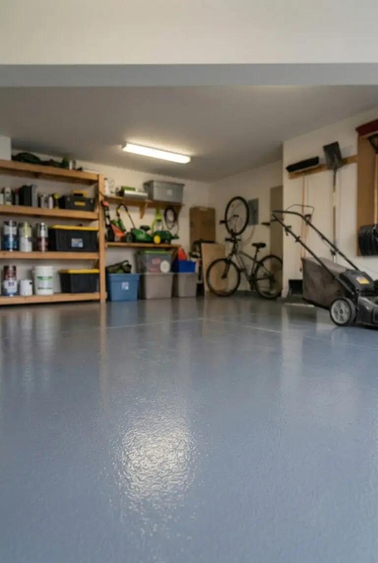 Ma&szlig;geschneiderte, gl&auml;nzende graue Epoxy-Bodenbeschichtung in einer modernen, aufger&auml;umten Garage mit professionell organisierten Werkzeugregalen und Fahrr&auml;dern.