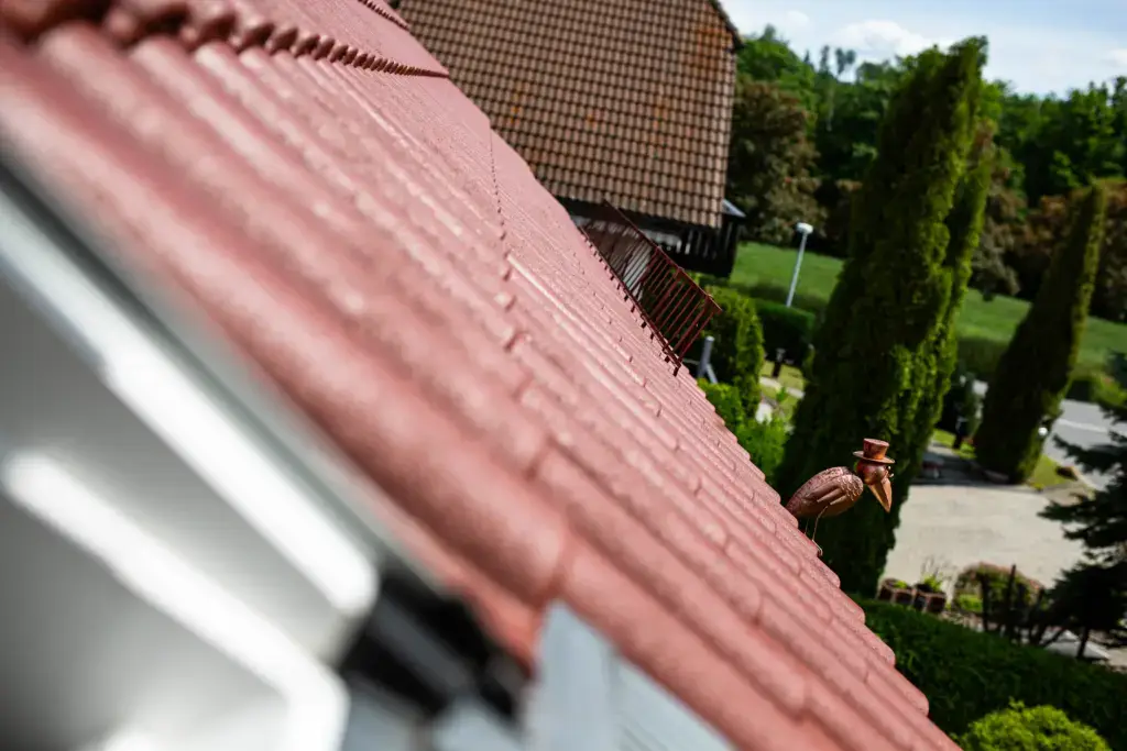 Detailaufnahme der neuen, wetterfesten Dachbeschichtung in Ziegelrot auf einem privaten Wohnhaus in der Oberlausitz.