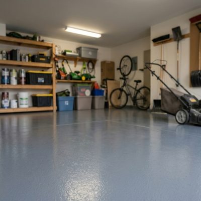Maßgeschneiderte, glänzende graue Epoxy-Bodenbeschichtung in einer modernen, aufgeräumten Garage mit professionell organisierten Werkzeugregalen und Fahrrädern.